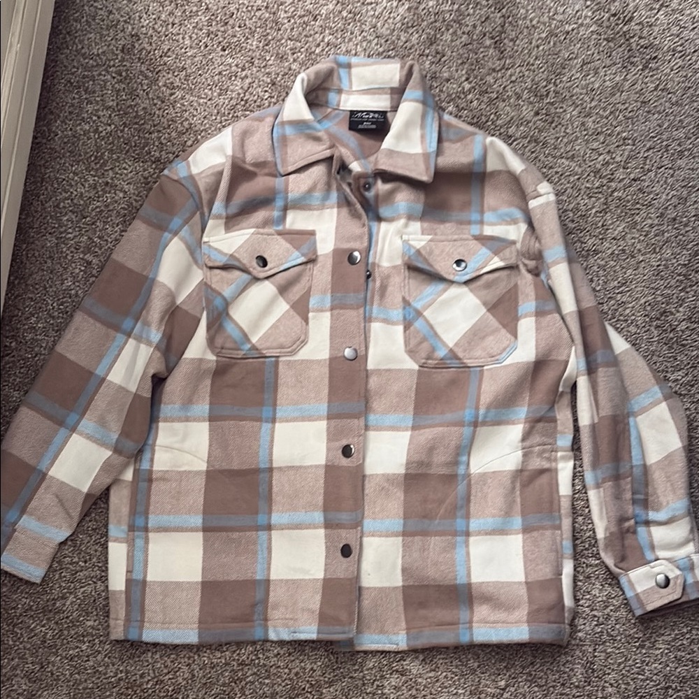 Zara Beige and Light Blue Plaid Shirt
